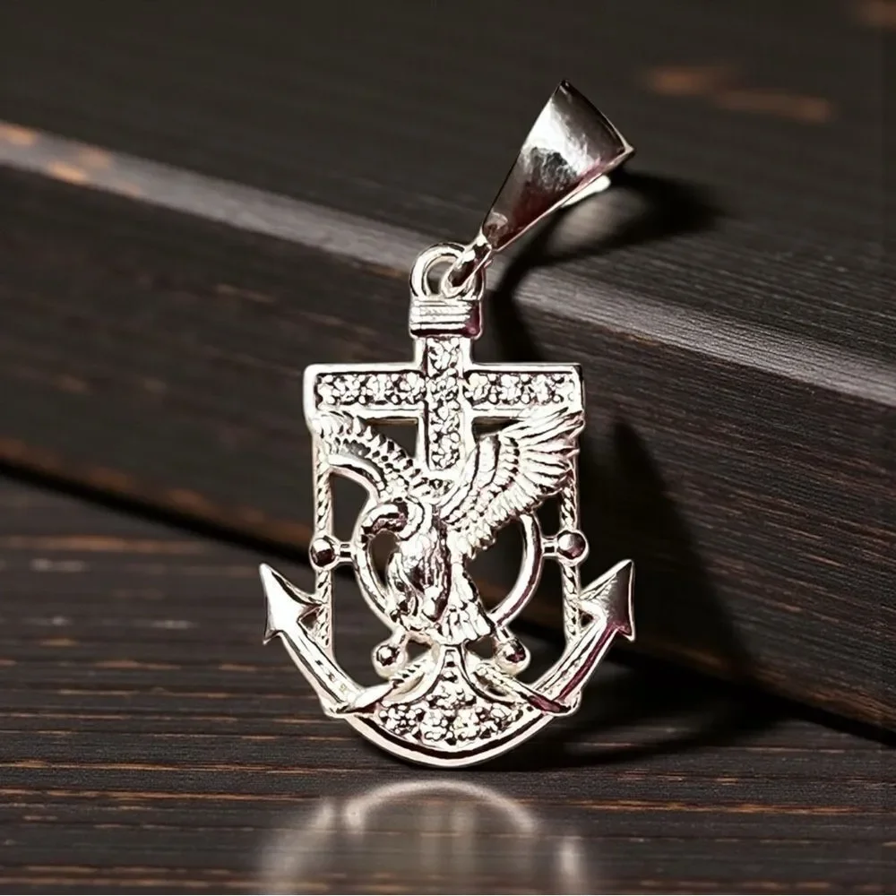 Amazing Sterling Silver American Eagle Anchor AAA Cubic Zirconia Pendant